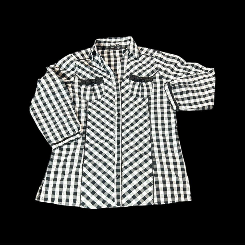 Black White Gingham Tunic Cone Buttons Cottagecore Retro  Front Top 1X